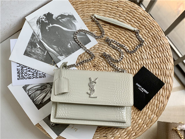 YSL Sunset Medium 442906 White Crocodile Embossed LeatherSilver
