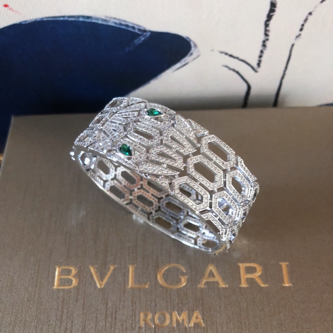 Serpenti Bangle Bracelet 18K White Gold set with Emerald Eyes and