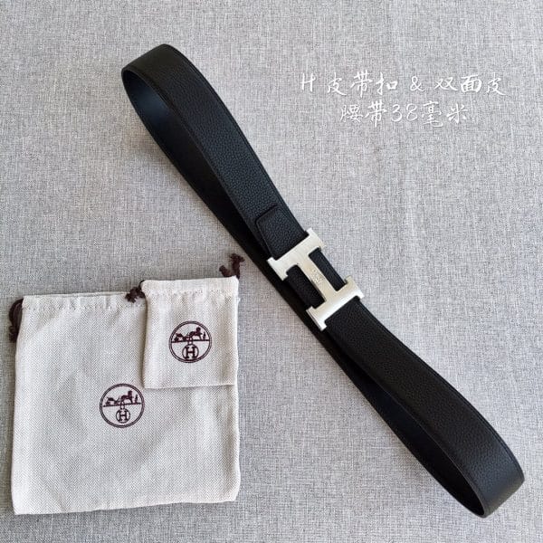 Hermes Reversible Black Leather Belt - Silver H Buckle  display picture 1