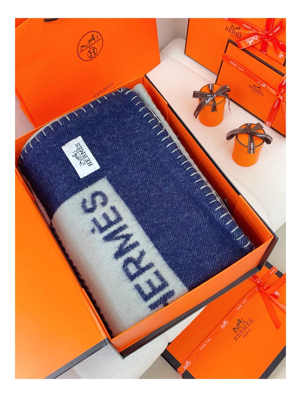 Hermes H Riviera Marine Wool & Cashmere Blanket