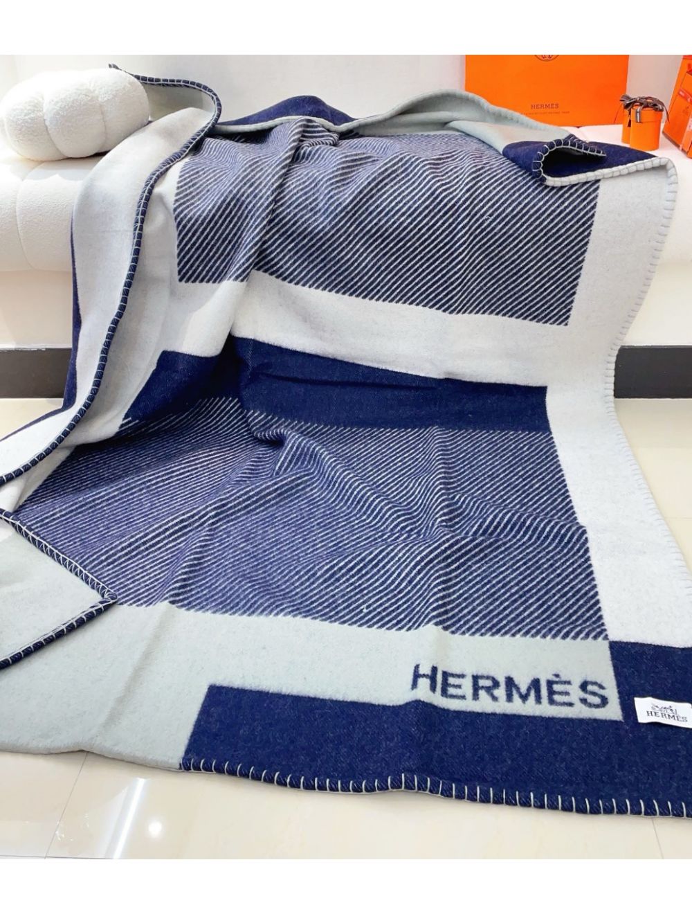 Hermes H Riviera Marine Wool & Cashmere Blanket