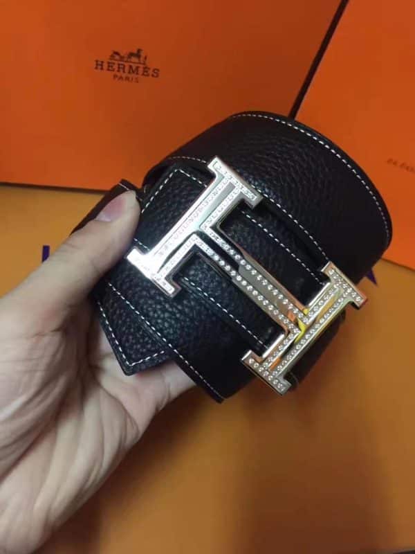 HERMES シルバー H型バックル Hermes Reversible Black Leather Belt - Silver H Diamond