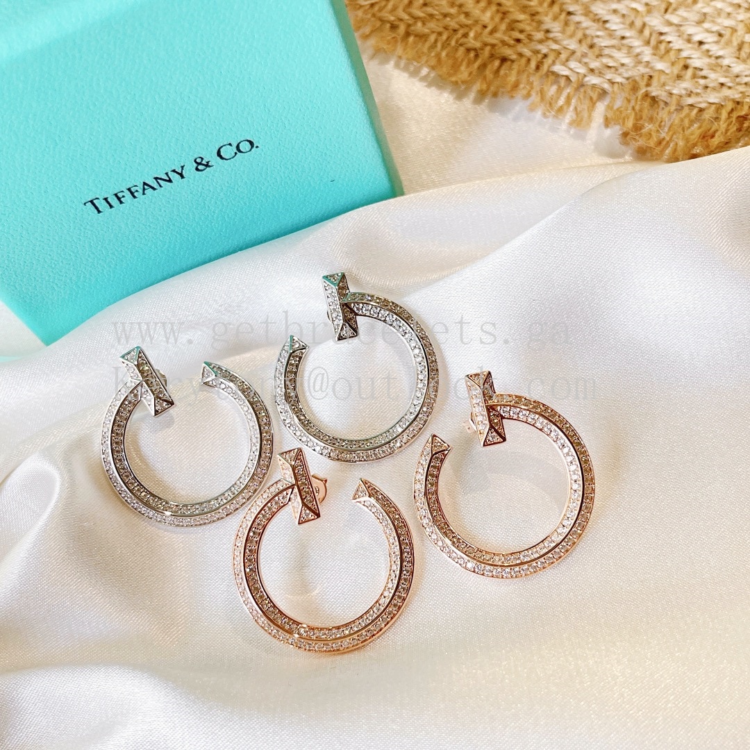 Tiffany T T1 Open Hoop Earrings in Rose Gold/White Gold With Pave